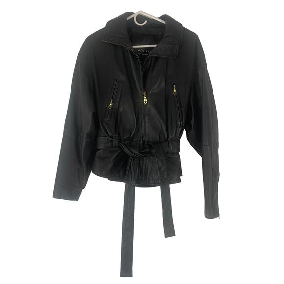Wilsons Leather Jackets & Blazers - Wilson's Women's Large Vintage 80s Black Leather Moto‎ Biker Belted Jacket Coat